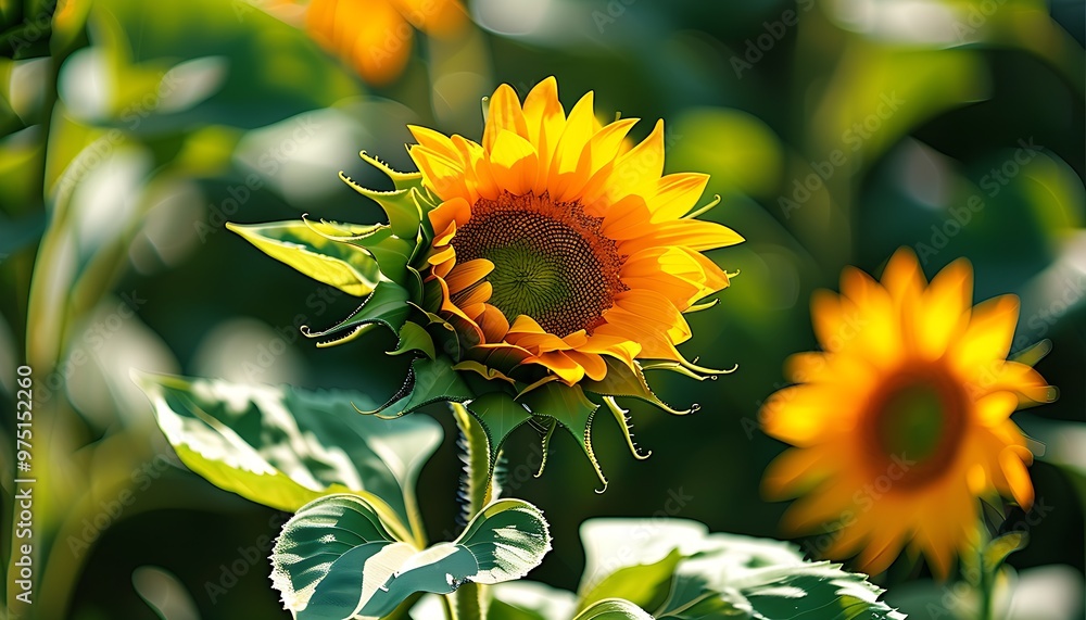 Wall mural a blooming sunflower, the sun is shining brightly, and the green leaves set off the beauty of the fl