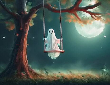 Friendly Ghost on Swing Hanging from Tree in Moonlight, Halloween Tradition AI