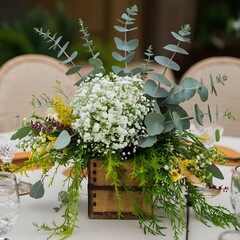 Elegant wild flowers bouquet, rustic wedding floral arrangement, vintage style flowers, baby's breath flower, eucalyptus branches, forest bridal shower flowers