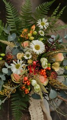 Elegant wild flowers bouquet, rustic wedding floral arrangement, vintage style flowers, fern, wild berries,eucalyptus branches, forest bridal shower flowers