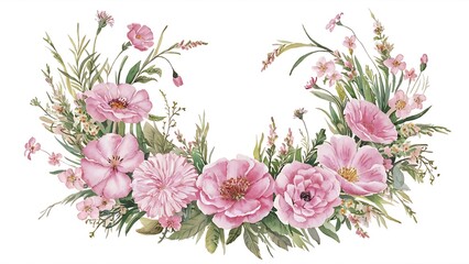 Wreath of watercolor plants, pink flowers and wildflowers;  hand painted isolated illustrations on a white background