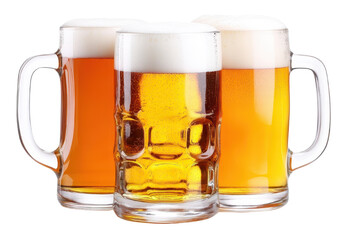 A vibrant display of three frosty beer mugs, showcasing golden and amber brews topped with frothy bubbles. Perfect for beverage themes.