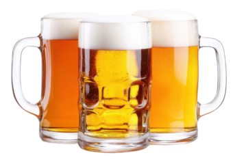 A vibrant display of three frosty beer mugs, showcasing golden and amber brews topped with frothy bubbles. Perfect for beverage themes.