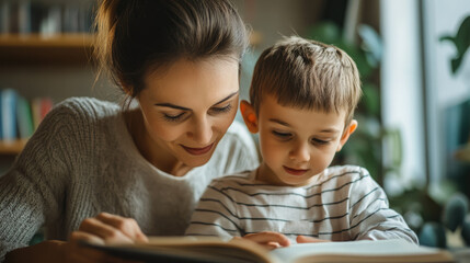 Obraz premium Female teacher and little boy student reading textbook together at table on blurred background, young woman teaching child to read, elementary school, kindergarten, schoolchild, girl tutor, nanny, kid