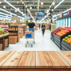 Obraz premium Wooden Tabletop in Front of Blurred Supermarket Aisle - Retail Store Shelf Background with blur background 
