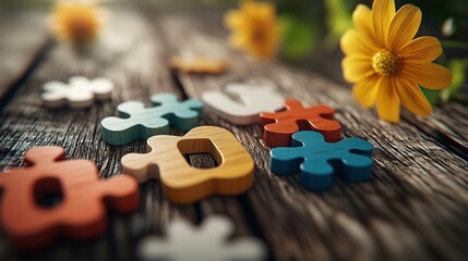 Wooden Jigsaw Puzzle Pieces on Rustic Tabletop with Yellow Flower