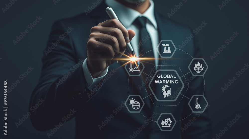 Poster a businessman interacts with a holographic interface displaying icons related to global warming, ill