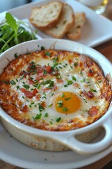Savor rich shakshuka with creamy eggs, tomato gravy, fresh bread, and salad in luxury ambiance