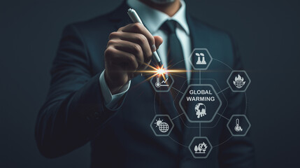 A businessman interacts with a holographic interface displaying icons related to global warming, illustrating the use of advanced technology in environmental management.