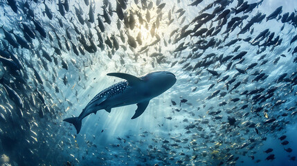 Obraz premium Whale Shark's Dance in the Sunlight: A majestic whale shark glides through a shimmering school of fish, bathed in the ethereal glow of the sun's rays piercing the ocean depths. 