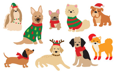 Cute Christmas dogs vector illustration.Festive dogs wearing Santa Claus hats, along with red and green holiday sweaters and scarves.