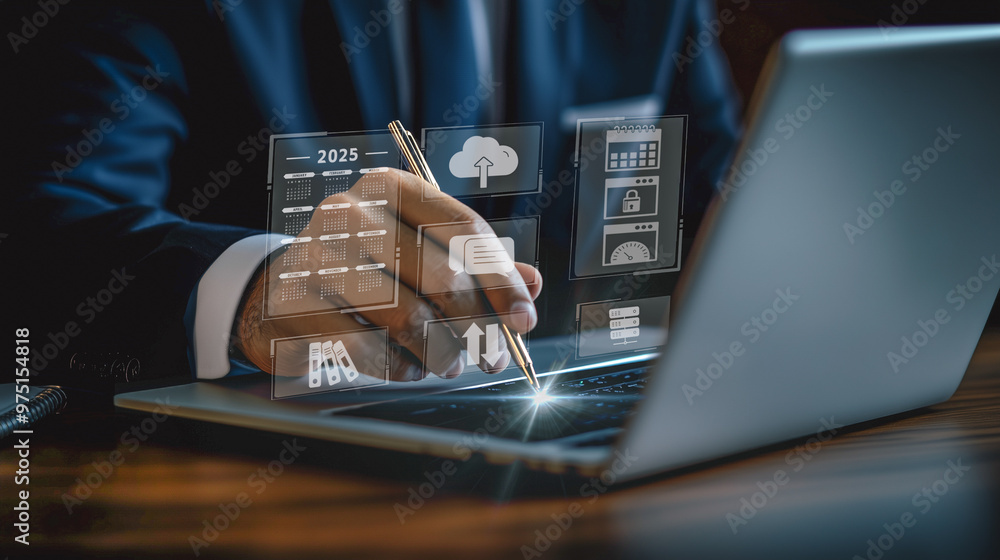 Poster a businessman interacts with a digital interface on his laptop, displaying cloud computing and data 