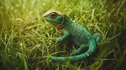 Obraz premium Emerald Guardian of the Grass: A vibrant green lizard basks in the golden sunlight, its scales glistening amidst a lush, verdant meadow. 