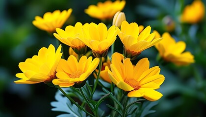 A bouquet of blooming yellow flowers, with bright petals and green leaves, showing the vitality and vitality of nature.