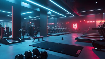 Experience the Future of Fitness: A Cutting-Edge Gym with Neon Lights and Innovative Equipment for a Dynamic Workout Environment.