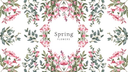 Set of watercolor spring floral frames and borders of pink flowers, wildflowers, green leaves, branches and eucalyptus;  hand painted isolated illustrations on a white background