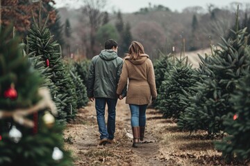 Couple walking through christmas tree farm in cozy winter attire AI