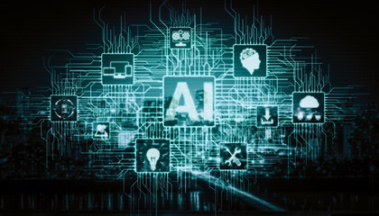 AI Learning and Artificial Intelligence Concept - Icon Graphic Interface showing computer, machine...