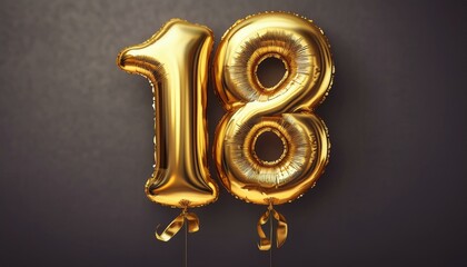 Golden foil balloon 18 floats in neutral space.