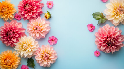 Colorful Floral Arrangement on Light Blue Background. A vibrant collection of flowers, including dahlias and smaller blooms, arranged beautifully against a soothing light blue backdrop.