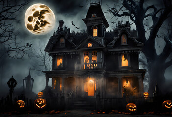Spooky Halloween night with bats flying around a haunted house in the woods under a full moon