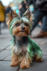  A Yorkshire Terrier with greenish fur is sitting on a pedestrian street, surrounded by people in the background. The dog looks groomed and attentive