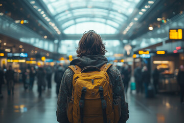 A solo traveler walking through a bustling airport terminal, excited to begin their international journey.