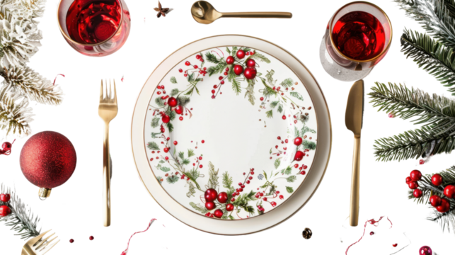 Christmas table setting on transparent background