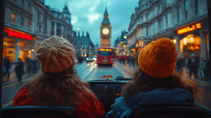 Fototapeta premium A group of tourists on a sightseeing bus, passing by famous landmarks and attractions in the city.