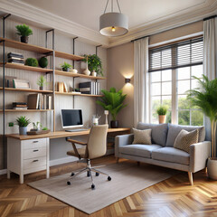 A living room with a home office nook