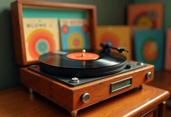 A vintage 1960s vinyl record player, sitting on a wooden console with chrome accents.