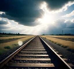Obraz premium Railroad tracks leading into the distance under a dramatic cloudy sky with sunlight breaking through