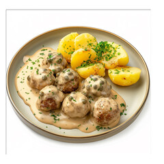 Meatballs and potatoes with sauce on plate closeup
