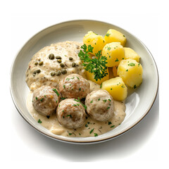 Meatballs and potatoes with sauce on plate closeup