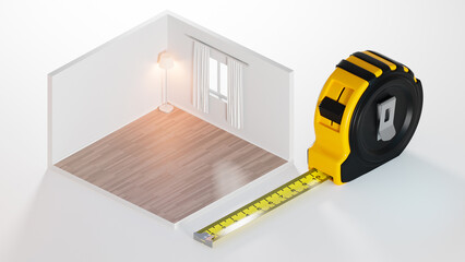 Construction tape. Room layout. Tape measure for repair work. Interior design. Empty room with...