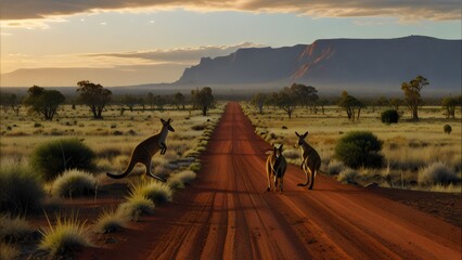 A family of kangaroos hopping across the Australian outback, with the red earth and sparse vegetation stretching out to the horizon.