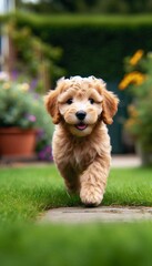 Fototapeta premium Golden Doodle im Garten