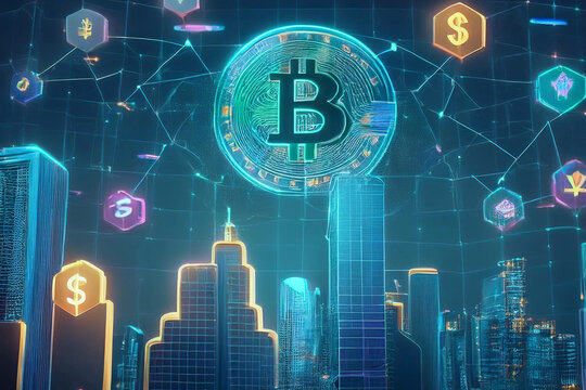 una gran moneda cripto bitcoin sobre una gran ciudad y varios simbolos signos de monedas y dinero rodean el fondo con edificios, globalizacion y finanzas