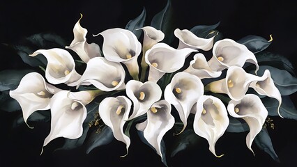 Obraz premium Watercolor white callas flowers seamless pattern, hand painted on a dark background
