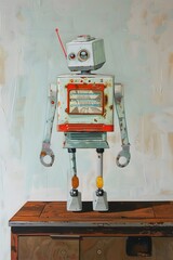 Vintage toy robot on a wooden surface casting a shadow on a green wall, evoking nostalgia and the evolution of technology.