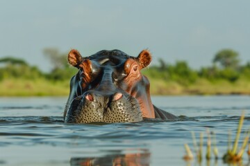 Fototapeta premium Serene hippopotamus submerged in water amidst lush greenery at sunset AI