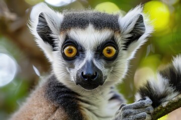 Obraz premium Curious ring-tailed lemur with bright eyes in natural habitat AI