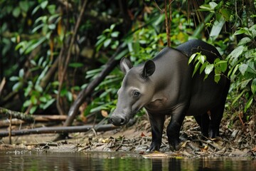 Fototapeta premium Young tapir stands by a tropical river in lush jungle habitat AI
