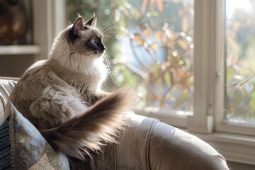 Elegant balinese cat relaxing by sunlit window in cozy interior setting AI