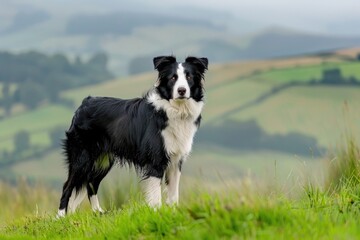Fototapeta premium Majestic border collie in serene countryside landscape AI