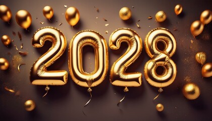 Golden foil balloon 2028 floats in neutral space