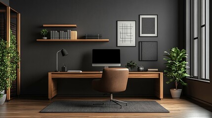 Modern Home Office Interior with Minimalist Decor and a Wooden Desk