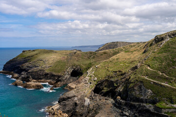 View from Tintagel Castle: Cliffs, Beach, and Sea with Blue Water and Golden Sand