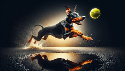 Dobermann spielt ball