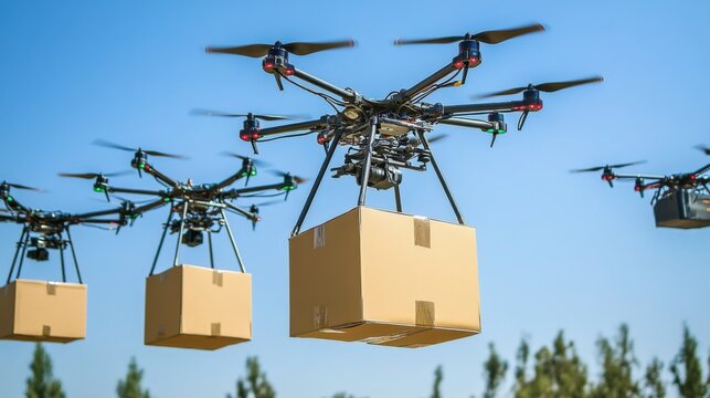 Multiple drones flying in formation carrying cardboard boxes in the sky.